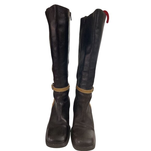 Shellys Women's Size 5 Black Brown Leather Knee-High Buckle Boots shoe Portugal - Picture 1 of 8